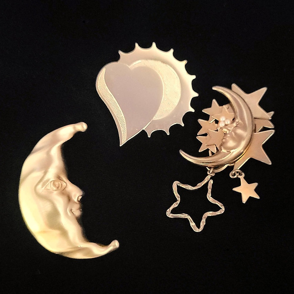 Gold‎ Tone Celestial Brooch Lot Moon Star Heart Sun Face Pins 3 Piece Set